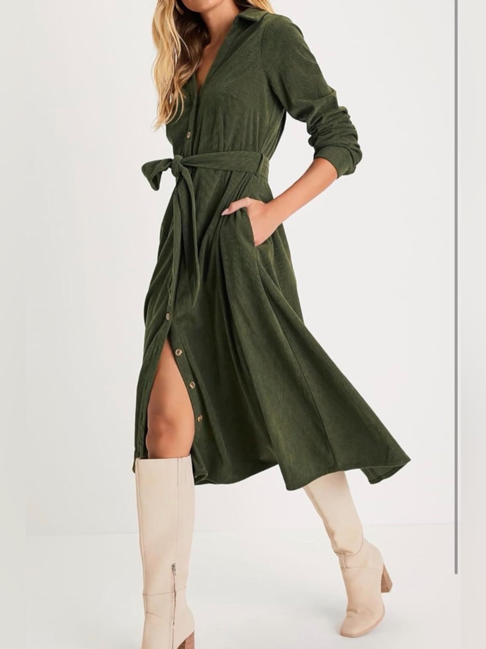 Olive Green Button-Front Midi Shirt Dress with Belt NWT